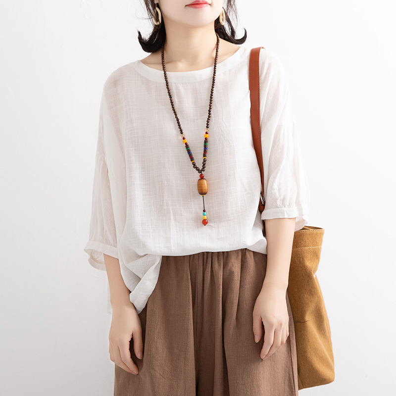 純色復古大碼寬鬆休閒仿棉麻短袖T恤