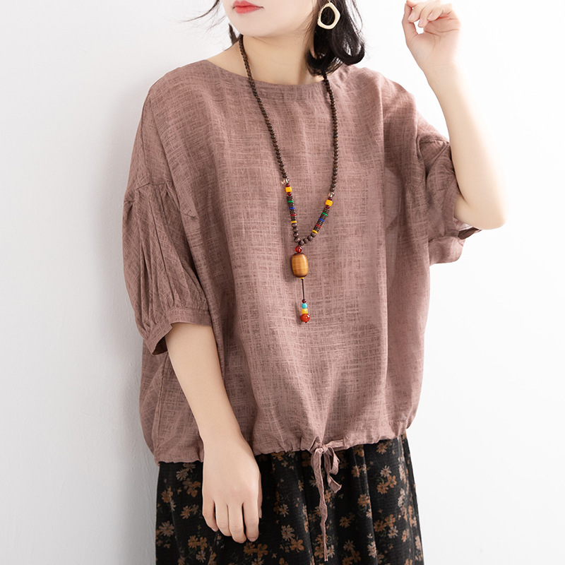 純色復古大碼寬鬆休閒仿棉麻短袖T恤