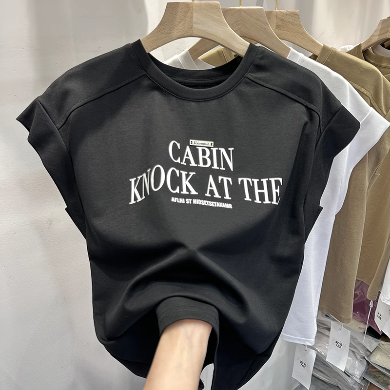 大碼美式字母無袖背心設計感寬鬆顯瘦遮肉短袖T恤