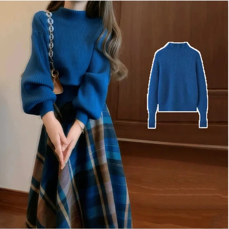 【整套/單件】克萊因藍色針織衫搭季格紋連衣半身裙套裝