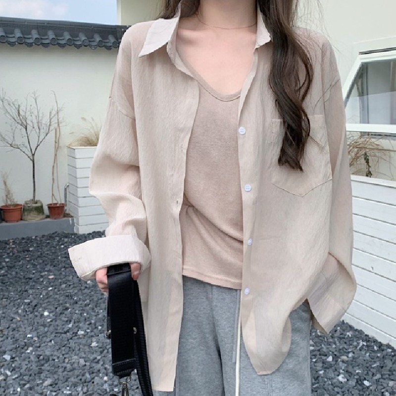 薄款法式簡約設計感冰絲防曬長袖襯衫