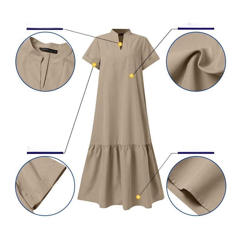 時尚立領短袖V領門襟寬鬆魚尾A字洋裝