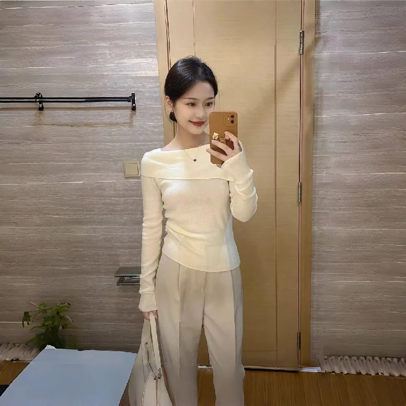 高級感修身一字肩長袖內搭打底針織衫