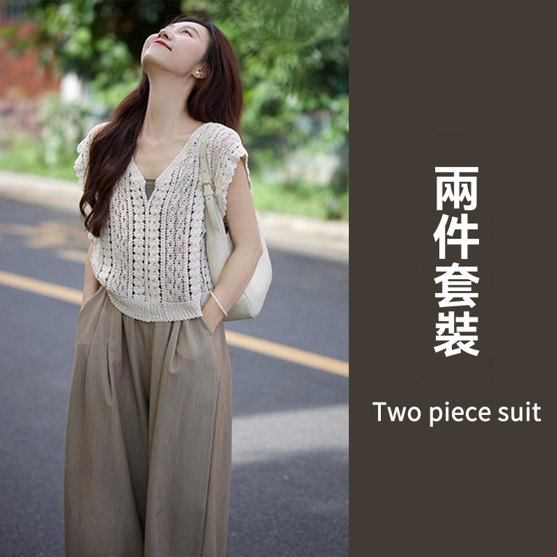 【單件/整套】休閒慵懶鏤空針織背心馬甲闊腿褲套裝