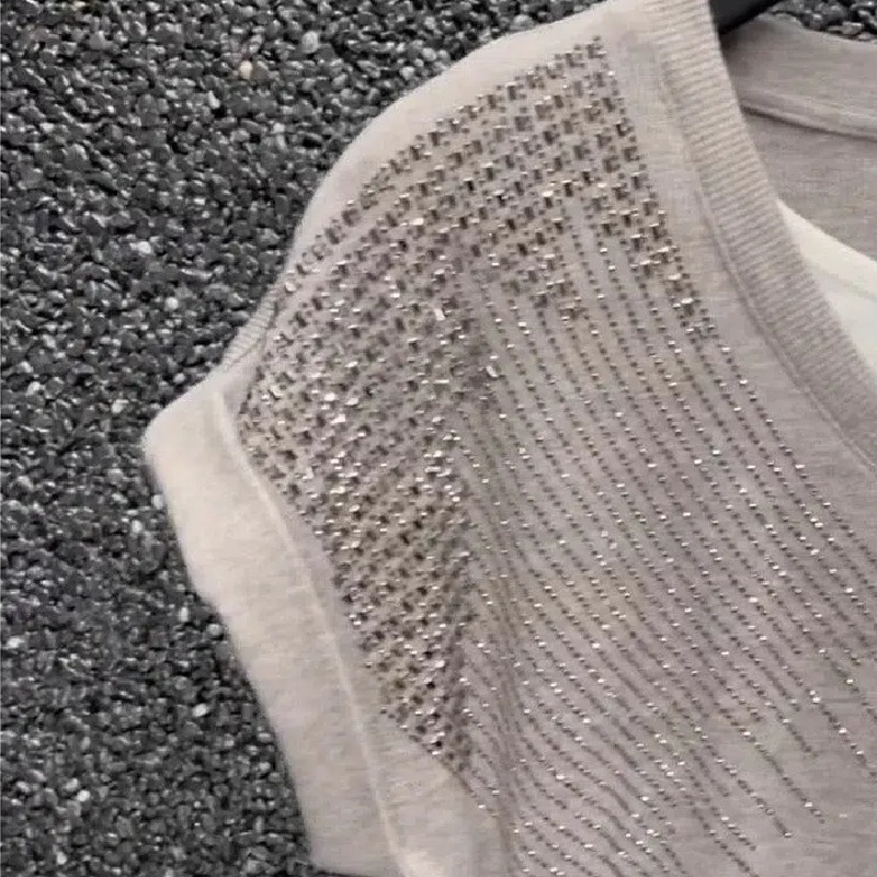 燙鑽撞色假兩件氣質V領洋氣重工收腰顯瘦小香風短袖T恤