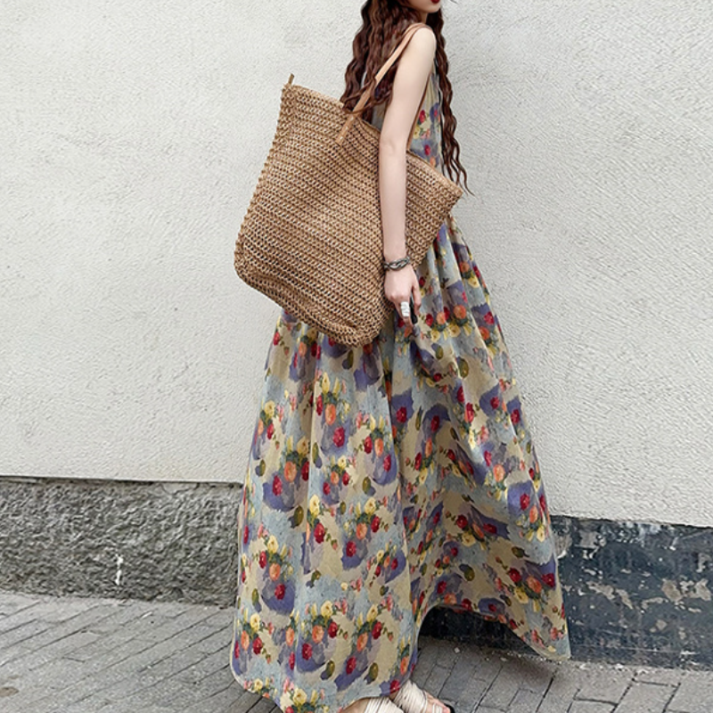 油畫風復古印花背心清新減齡韓系A字甜美洋裝