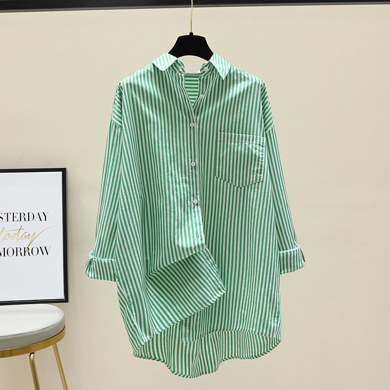 韓系文藝寬鬆簡約條紋印花長袖中長款開衫