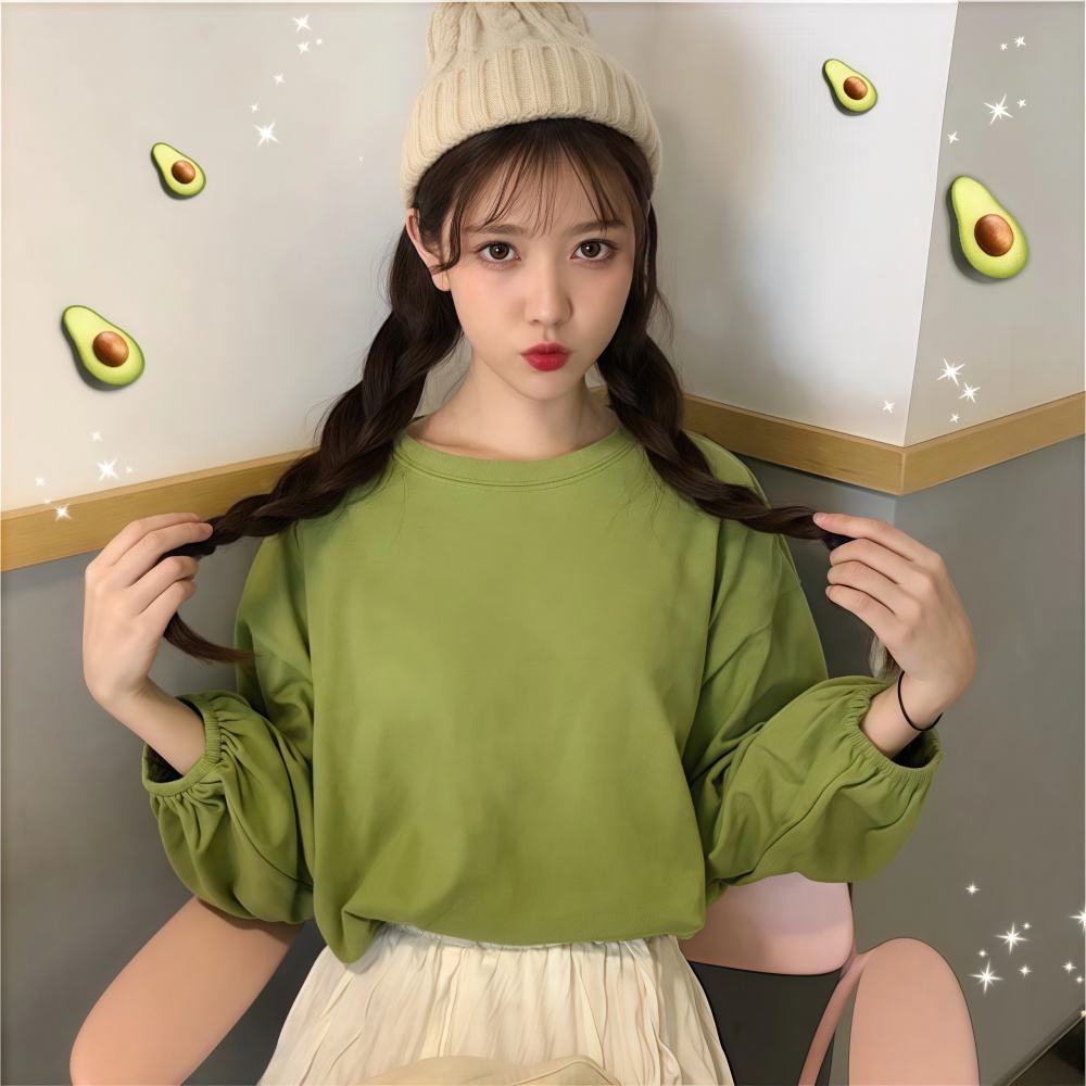 簡約寬鬆百搭燈籠袖純色長袖T恤