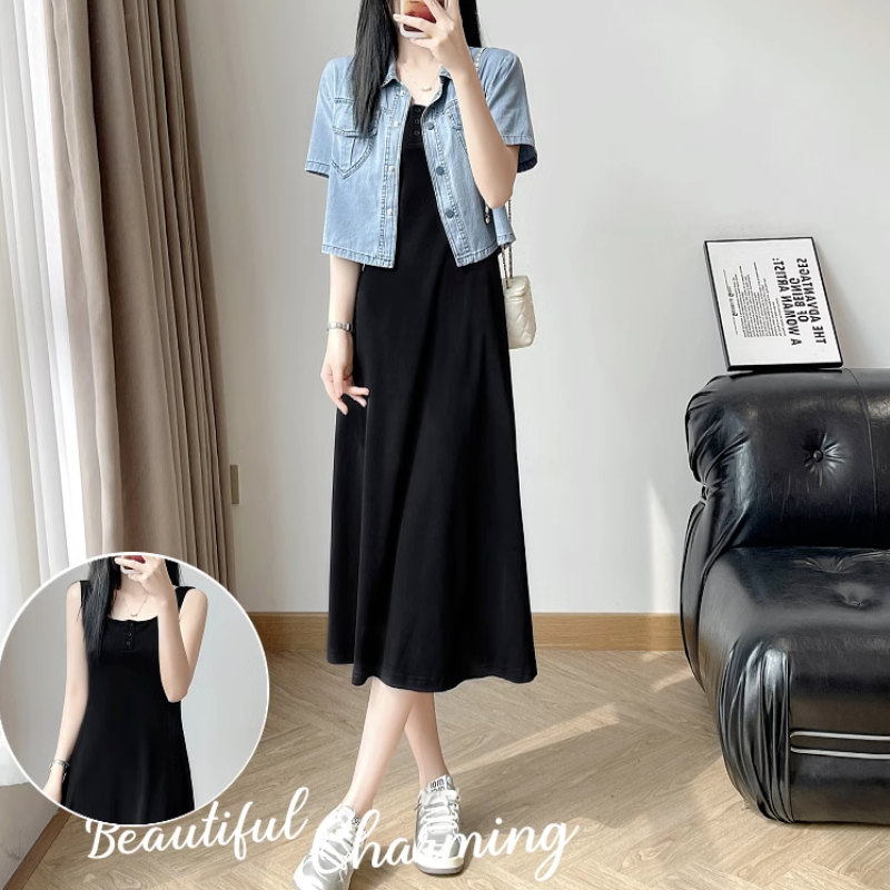 【整套/單件】顯瘦黑色背心中長款吊帶裙搭配藍色牛仔短外套裝