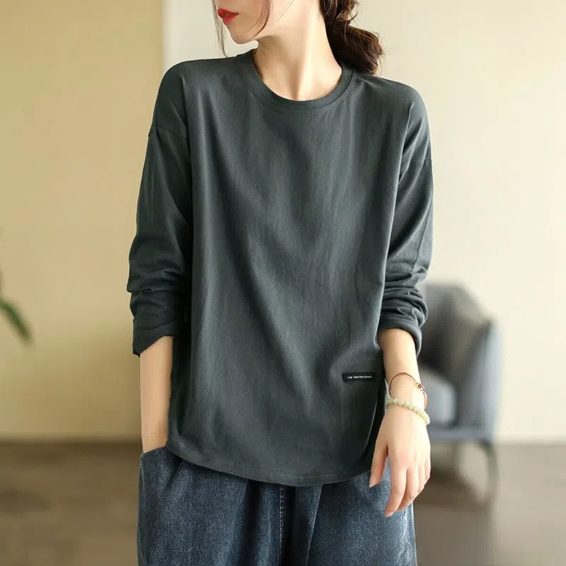 氣質簡約純色打底圓領百搭長袖T恤