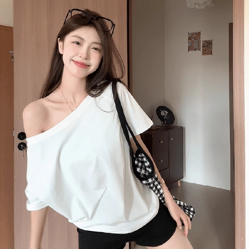 一字肩純慾斜領露肩寬鬆顯瘦別緻短袖長袖T恤