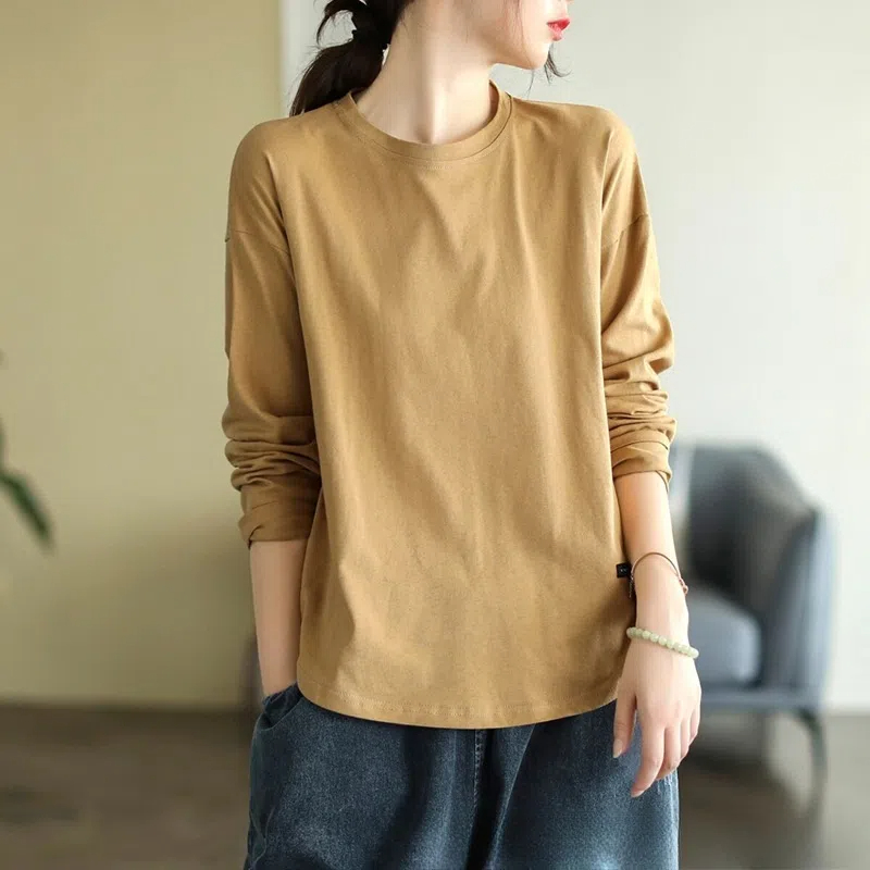 氣質簡約純色打底圓領百搭長袖T恤