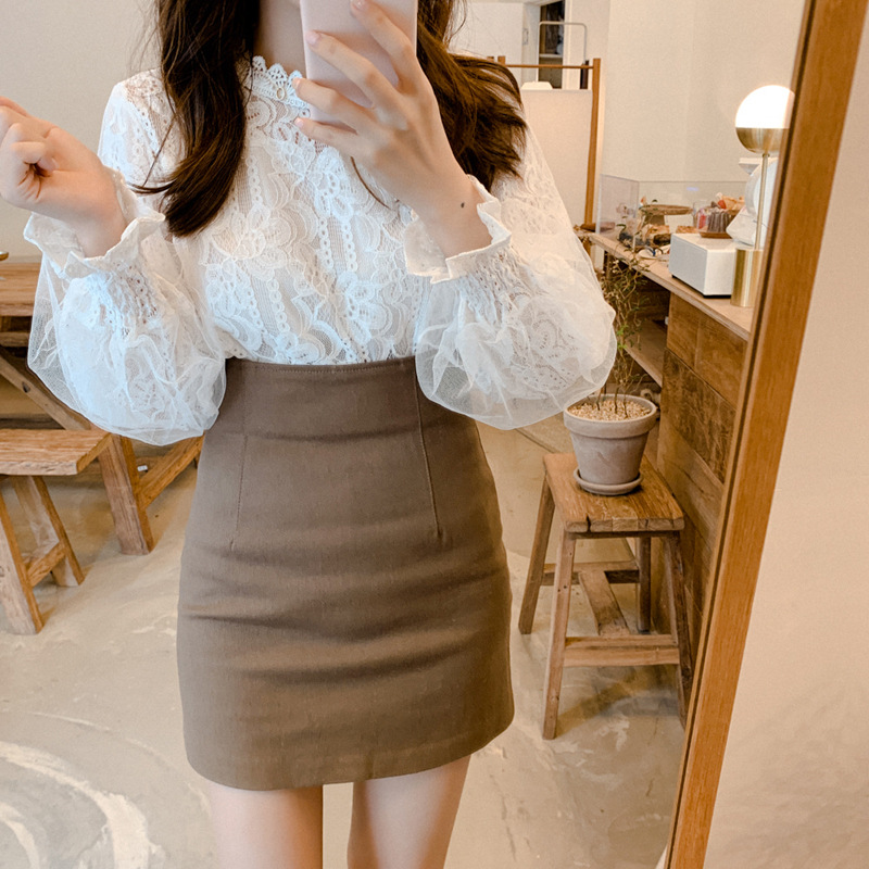 春秋復古蕾絲花邊拼接小立領網紗泡泡長袖襯衫