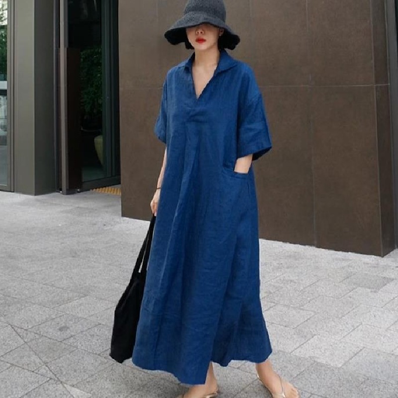 簡約氣質洋氣寬鬆大碼顯瘦長款過膝洋裝