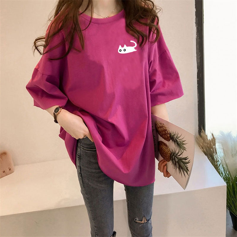 圓領寬鬆慵懶風印花休閒中長款短袖T恤