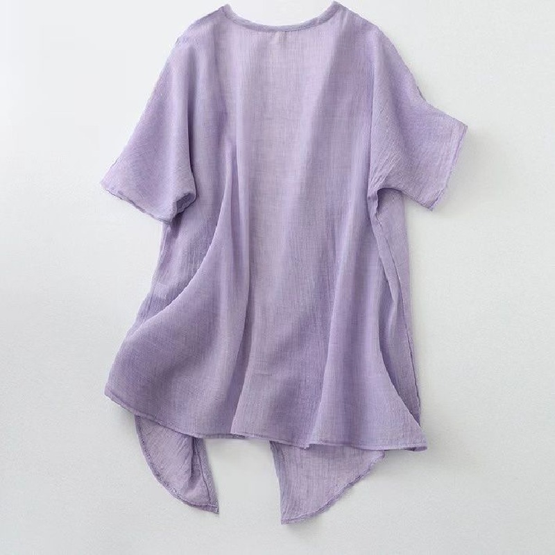 純色透氣防曬中長款輕薄棉麻開衫