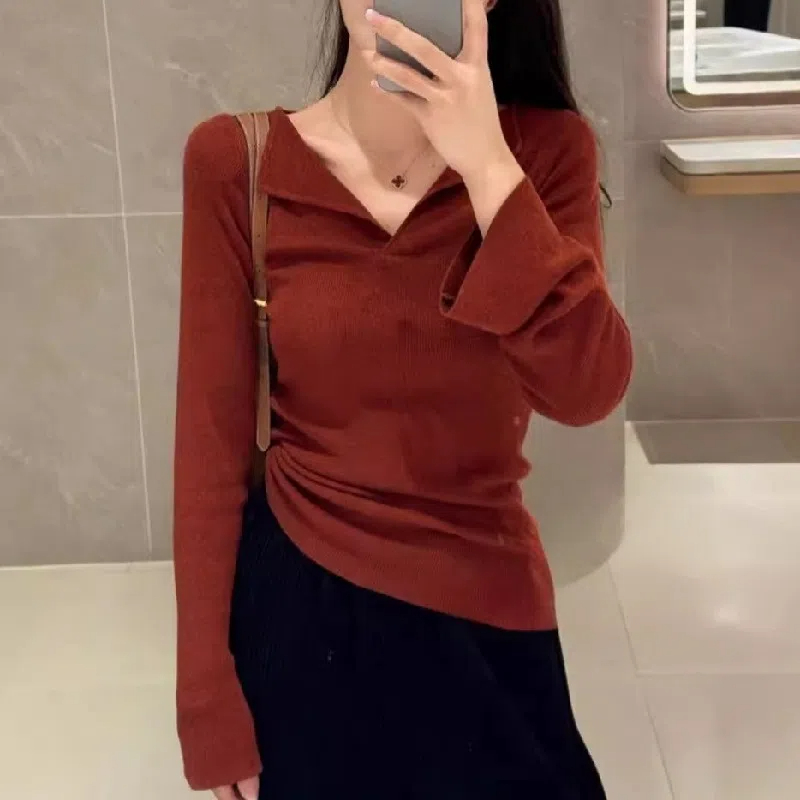 純色修身顯瘦减齡V領針織打底衫