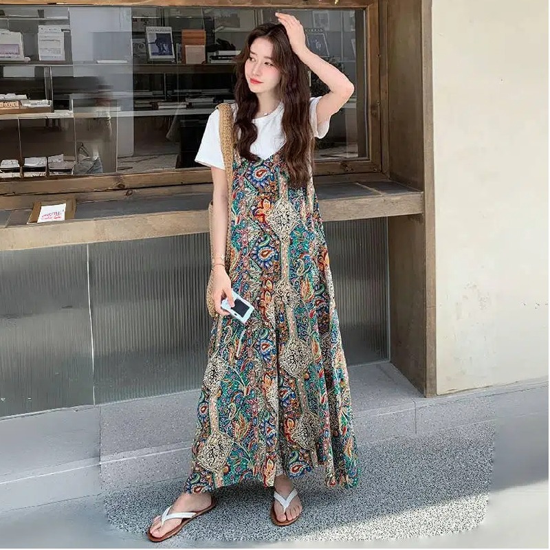 【單件/整套】法式復古波西米亞風純色短袖寬鬆闊腿背帶褲套裝