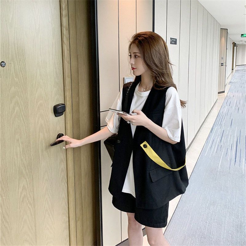 【單件/整套】洋氣復古馬甲短袖T恤短褲超仙小清新時尚西裝套裝