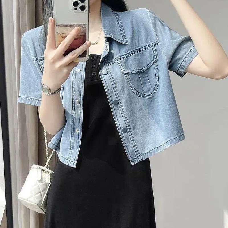 【整套/單件】顯瘦黑色背心中長款吊帶裙搭配藍色牛仔短外套裝