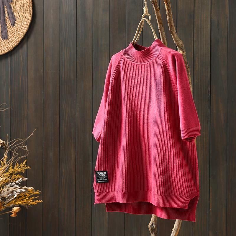 純色半高領五分袖寬鬆顯瘦字母貼標打底針織衫