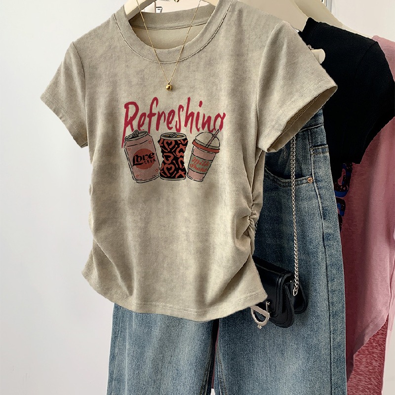 美式甜辣妹正肩印花收腰顯瘦短袖T恤