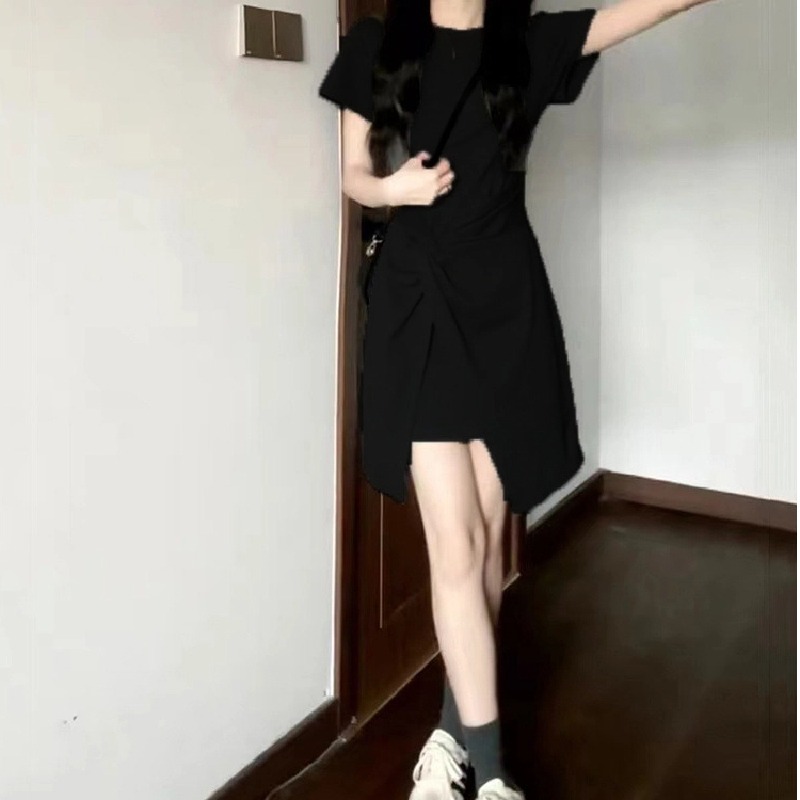 法式氣質收腰短袖連身裙小眾設計圓領短裙