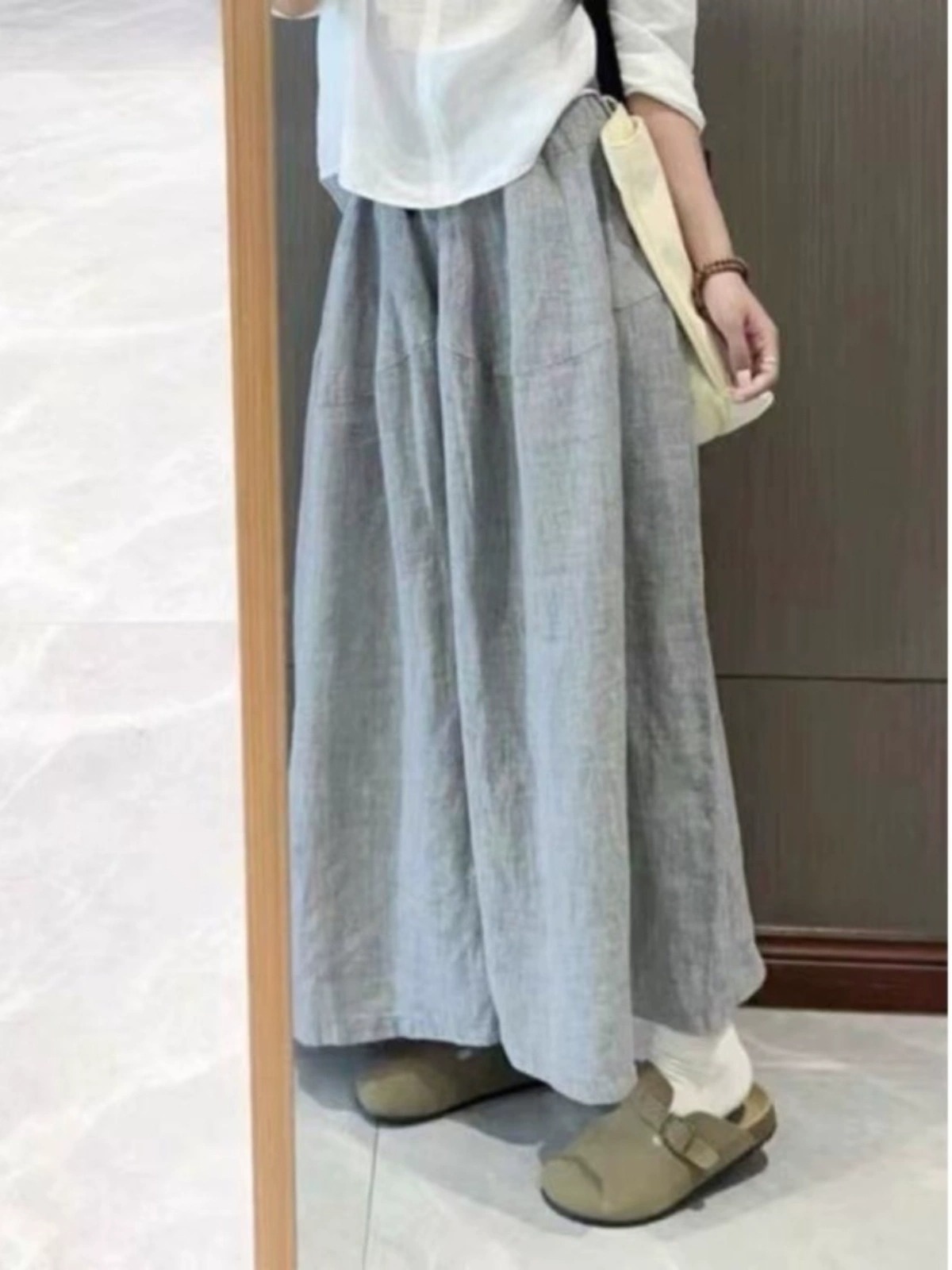 亞麻感高腰垂墜九分闊腿褲 休閒顯瘦寬鬆長褲