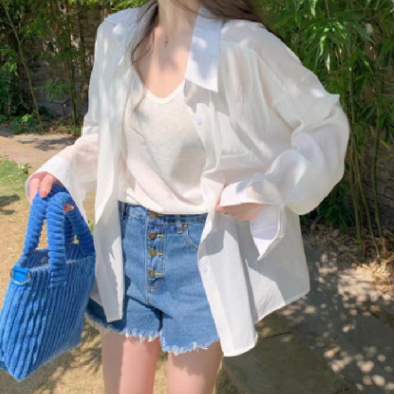薄款法式簡約設計感冰絲防曬長袖襯衫