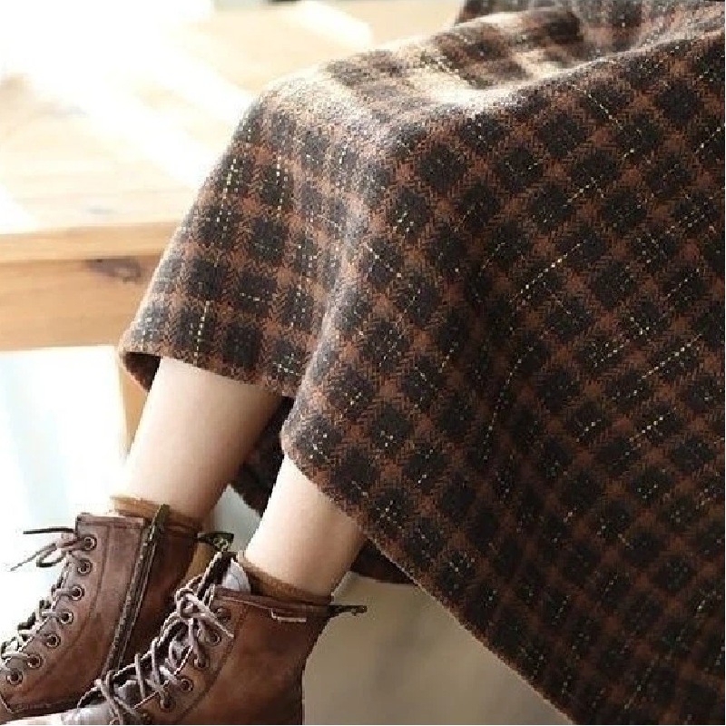 鬆緊腰高級感格子毛呢A字半身裙