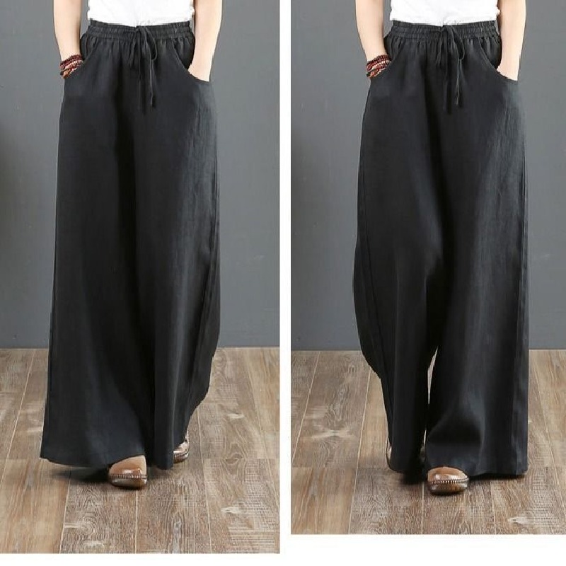 復古文藝棉麻寬鬆大碼闊腿高腰拖地長褲