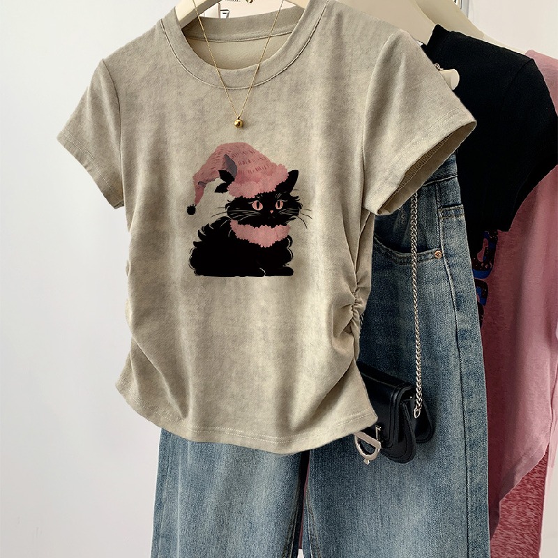 美式甜辣妹正肩印花收腰顯瘦短袖T恤