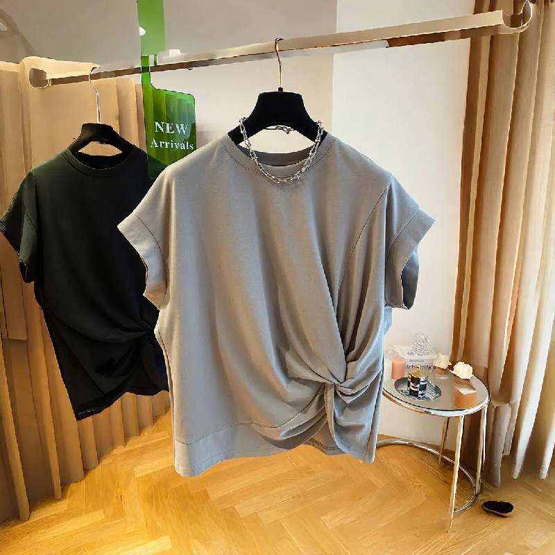 設計感不規則扭結寬鬆黑色小飛袖短袖T恤