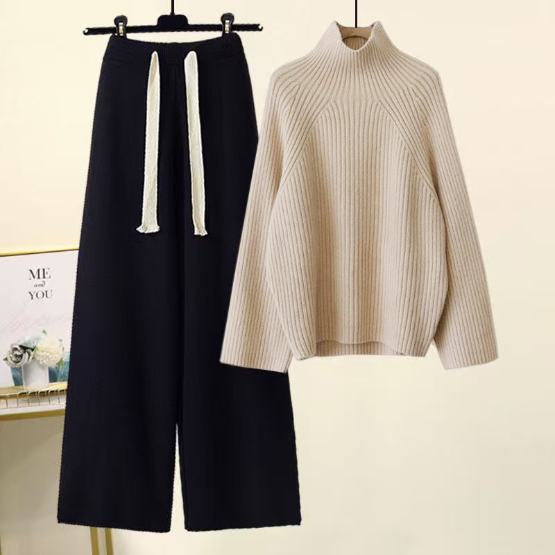 【單件/整套】韓版慵懶風加厚粗毛線針織上衣 垂感寬褲兩件套
