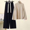 卡其色毛衣+黑色褲子 【兩件套】