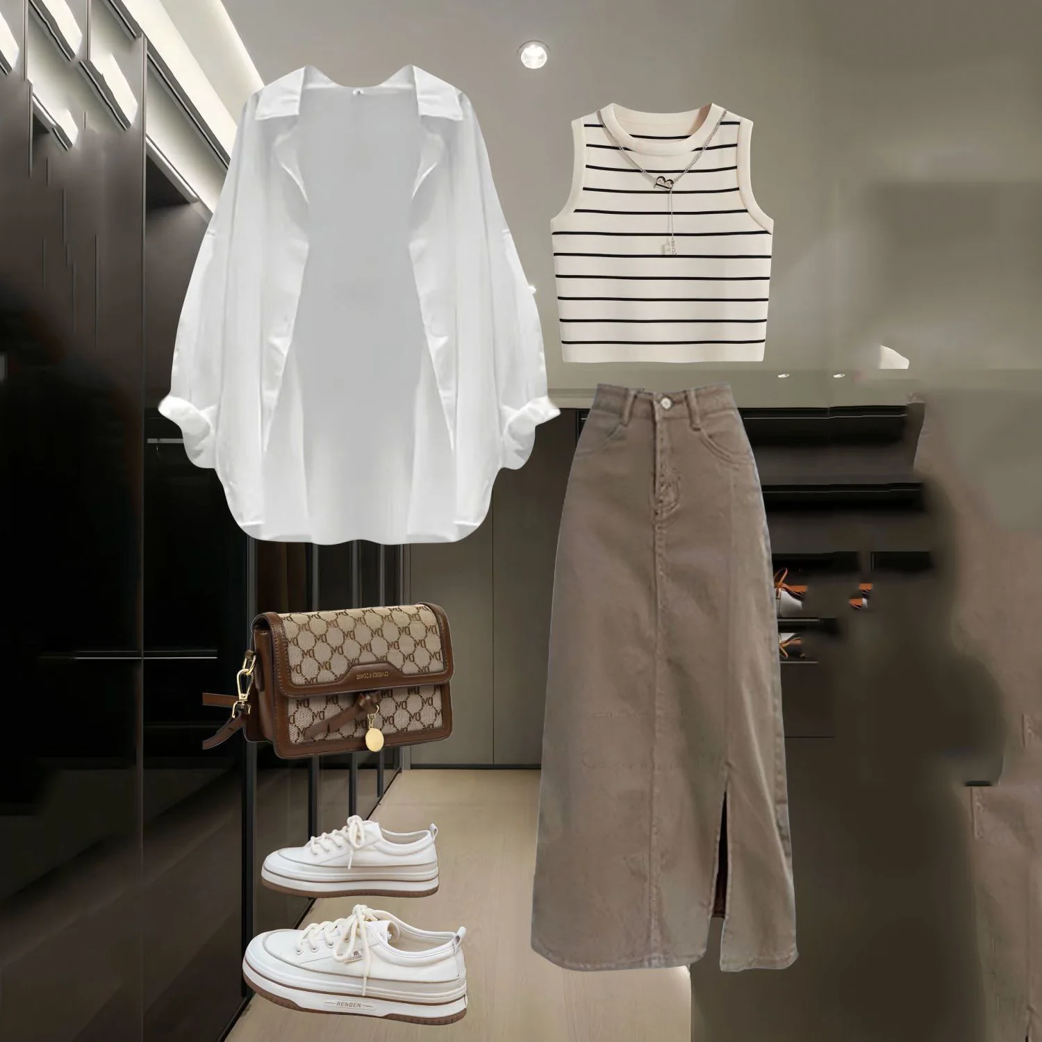 【單件/整套】韓系襯衫條紋吊帶配牛仔半身裙三件套