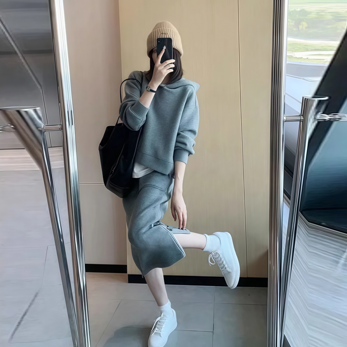 【整套】大尺碼時尚休閒運動風 時尚寬鬆拉鍊設計連帽上衣+半身裙套裝