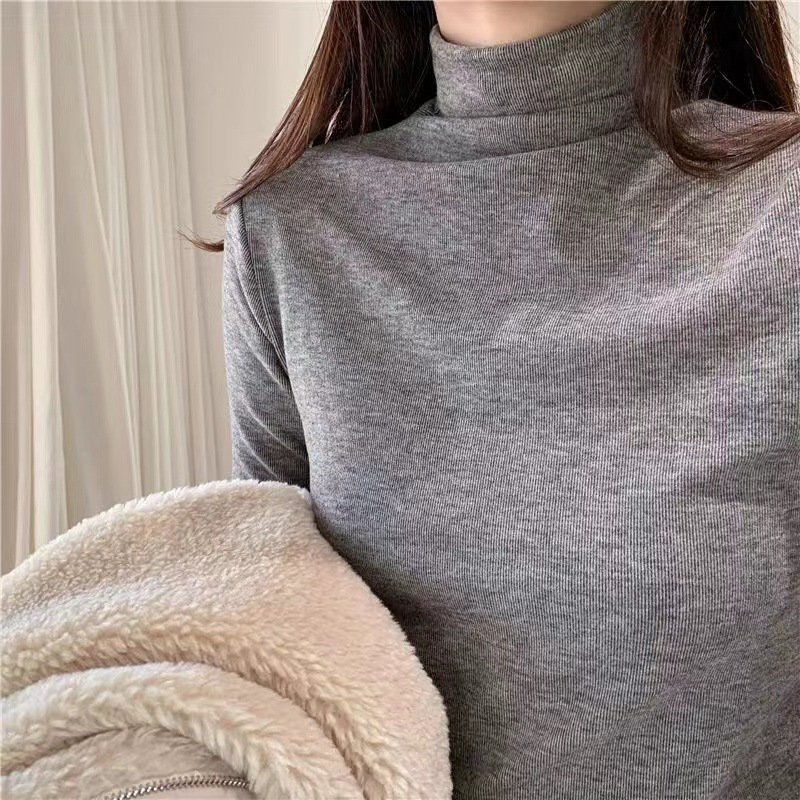 修身純色百搭綿羊絨加厚保暖半高領打底長袖T恤