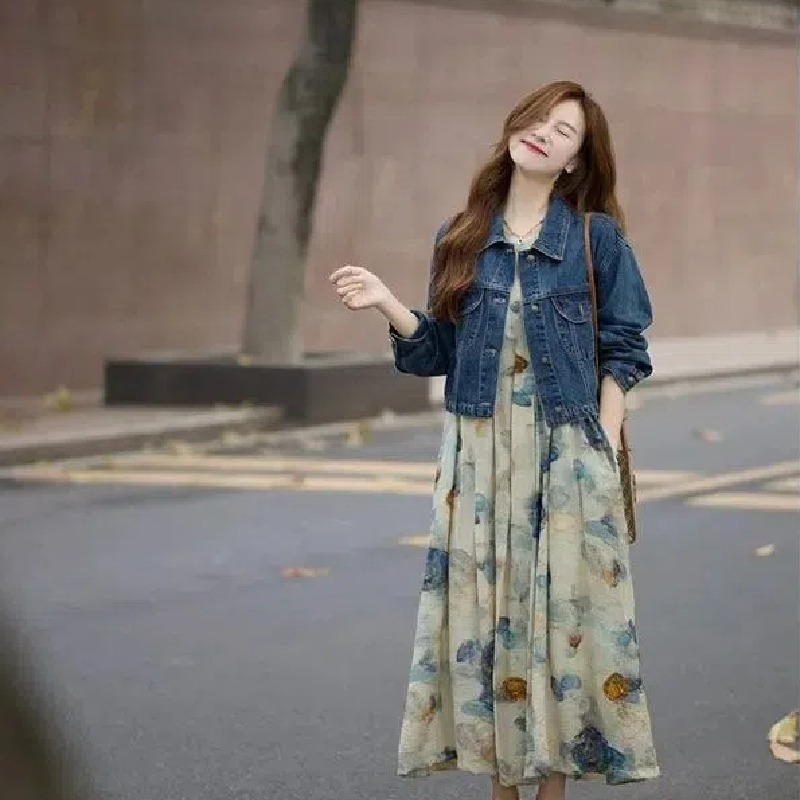 【單件/整套】韓系溫柔穿搭遮肉顯瘦牛仔外套印花背心連衣裙兩件套