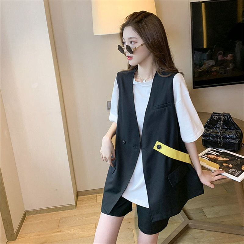 【單件/整套】洋氣復古馬甲短袖T恤短褲超仙小清新時尚西裝套裝