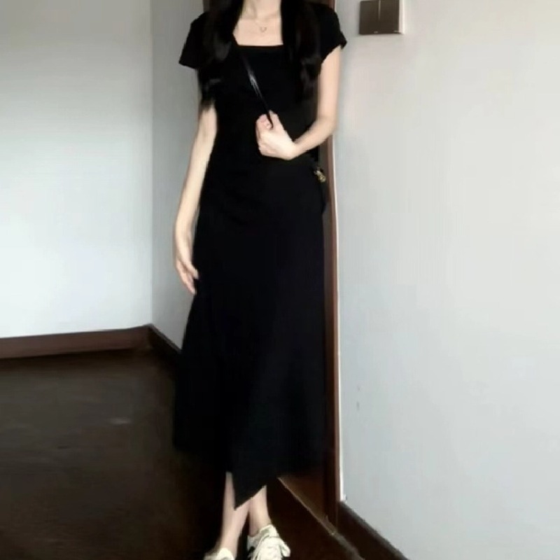 法式氣質收腰短袖連身裙小眾設計圓領短裙