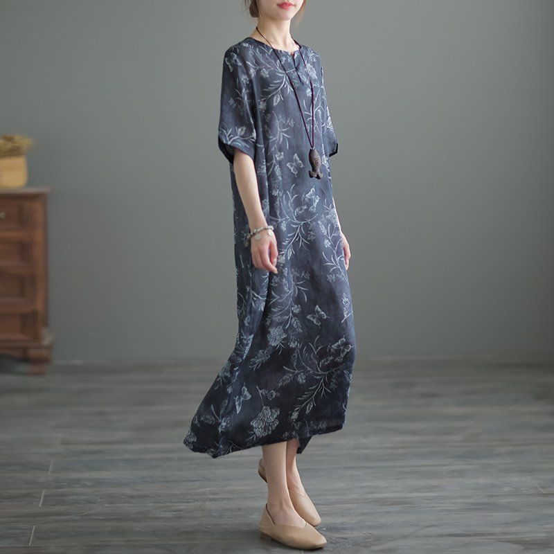 文藝復古民族風改良版印花寬鬆苧麻旗袍洋裝