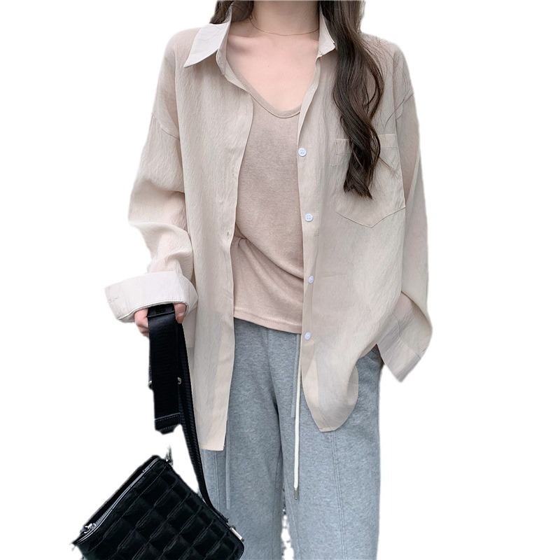 薄款法式簡約設計感冰絲防曬長袖襯衫