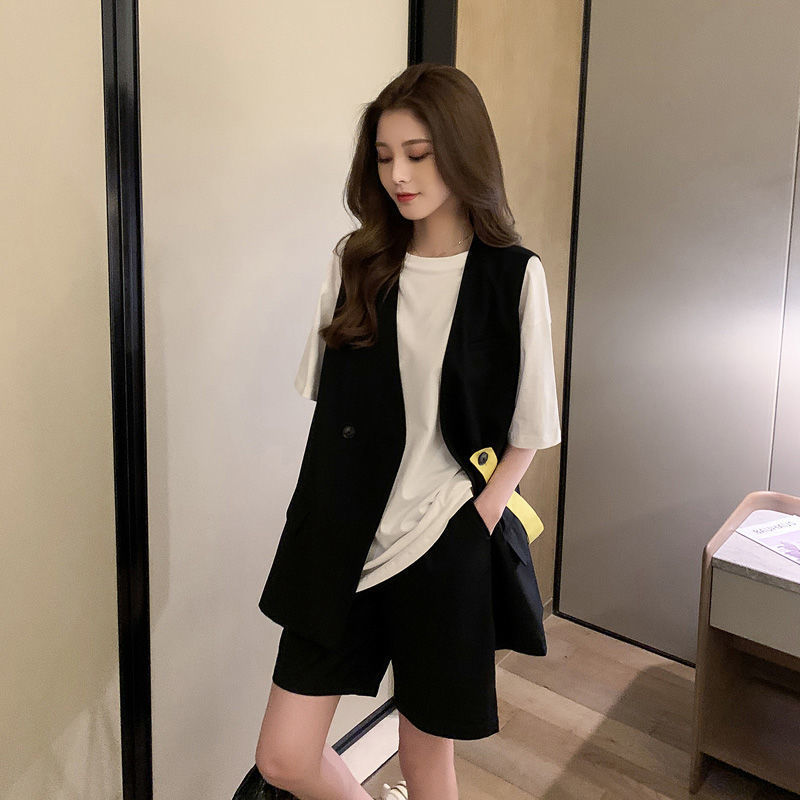 【單件/整套】洋氣復古馬甲短袖T恤短褲超仙小清新時尚西裝套裝