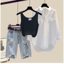 黑色背心+白色襯衫+藍色牛仔褲（三件套）