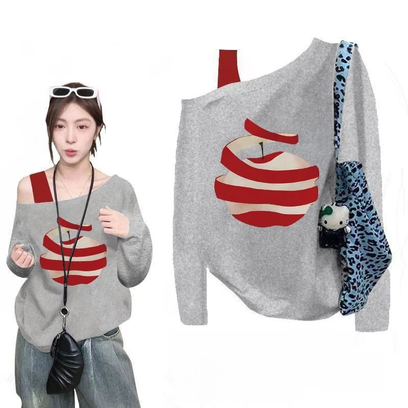 法式斜肩露肩白色蘋果印花設計感小眾寬鬆長袖T恤