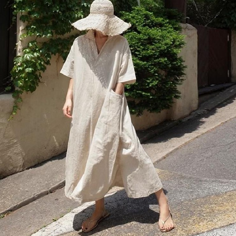 簡約氣質洋氣寬鬆大碼顯瘦長款過膝洋裝