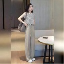 條紋上衣+杏綠色闊腿褲【兩件套】