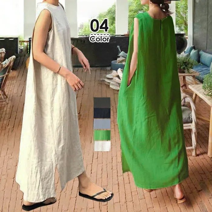 簡約洋氣亞麻混紡背心連體寬鬆時尚洋裝