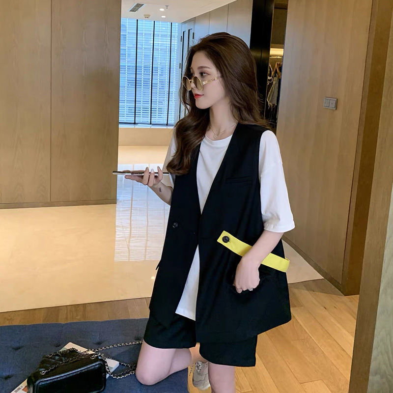 【單件/整套】洋氣復古馬甲短袖T恤短褲超仙小清新時尚西裝套裝